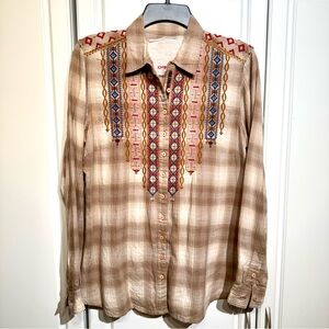 Johnny Was Plaid Embroidered Button-Up Shirt Size Small